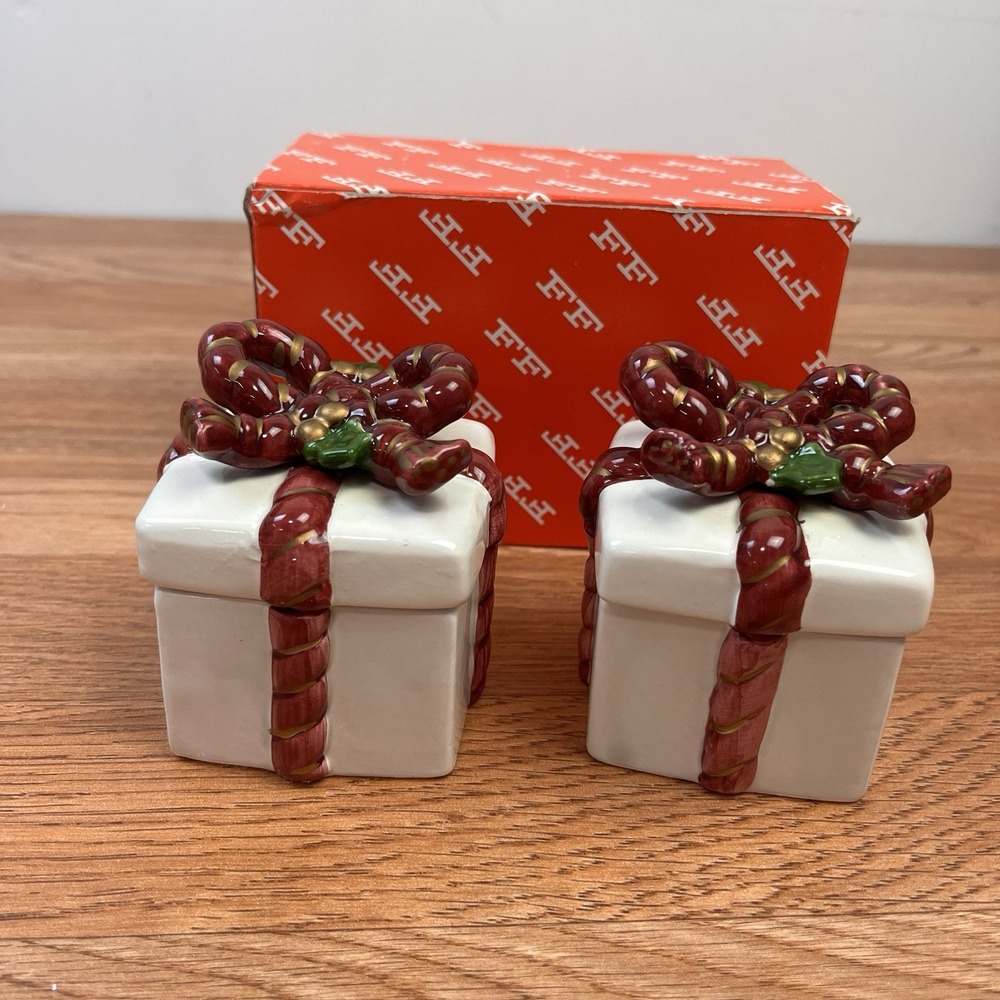 Fitz &‎ Floyd Set of 2 Vintage Old World Santa Lidded Trinket Boxes Ceramic